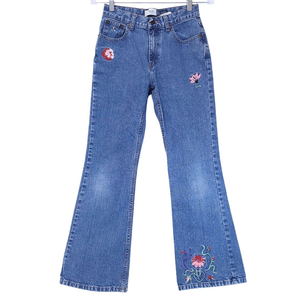 Vtg Gap Kids Floral Embroidered Flare Stretch Jeans Girls 14 Adjustable Blue Y2K